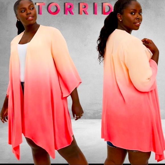 torrid Sweaters - Torrid Chiffon Dip Dye Coral Drape Front Kimono NWT